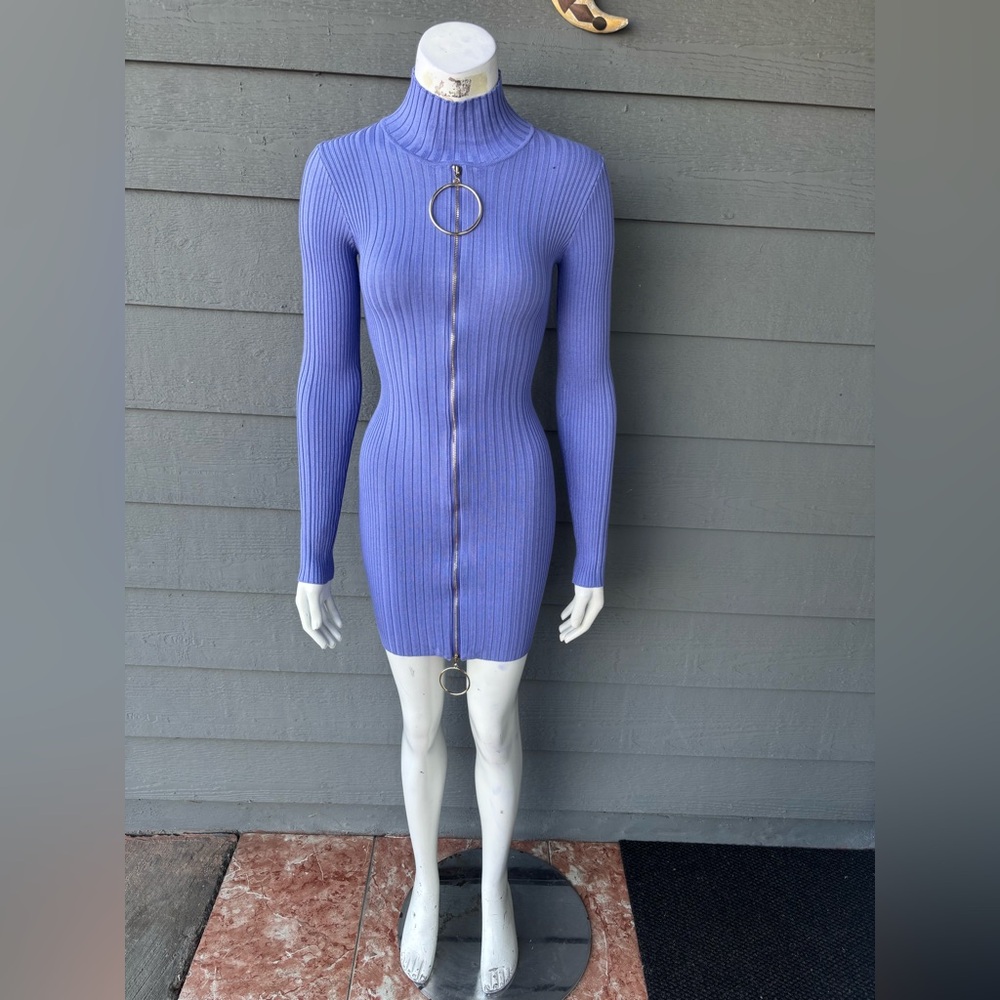 Hera Collection Lavender Ribbed Zip-Front Turtleneck Mini Dress